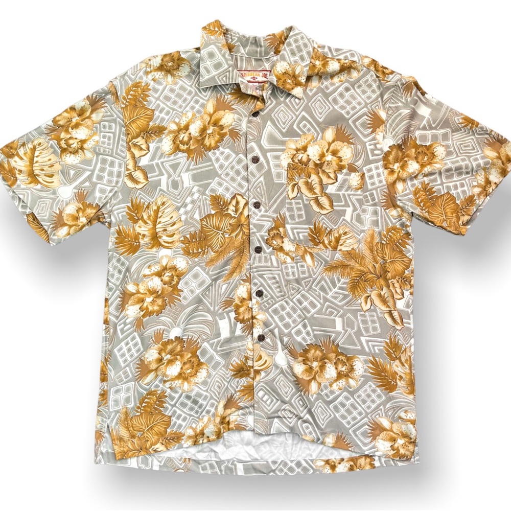Large Caribbean Joe Gold Flower Hawaiian Button-Up Shirt
